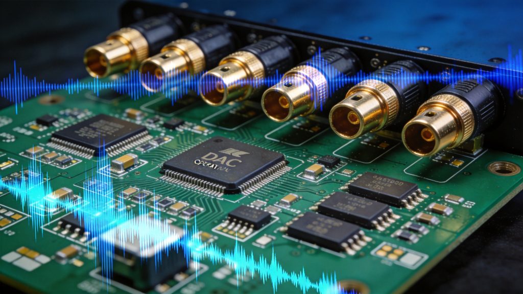 Professional audio amplifier PCB with gold traces and high-performance components for Hi-Fi signal integrity