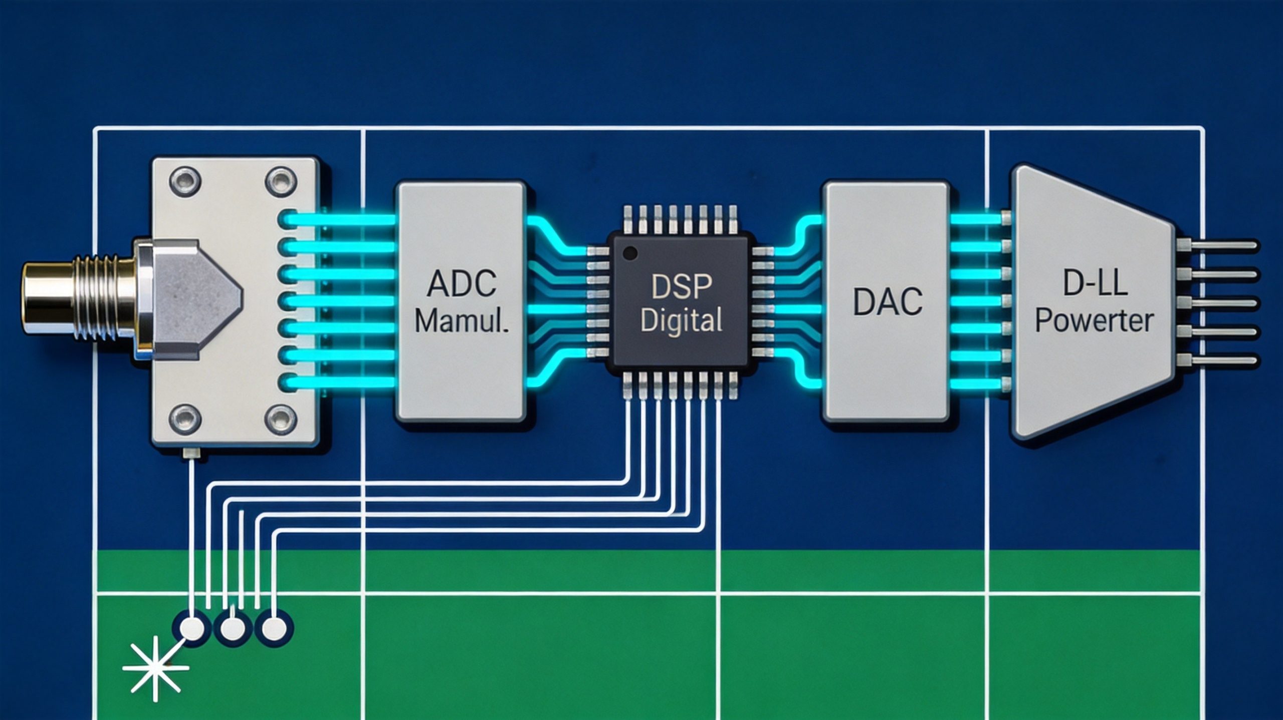 Audio signal chain architecture showing DAC/ADC, DSP, and power amplifier PCB layout zones
