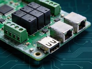 Industrial control PCB with relay components Ethernet ports and conformal coating for harsh environment reliability