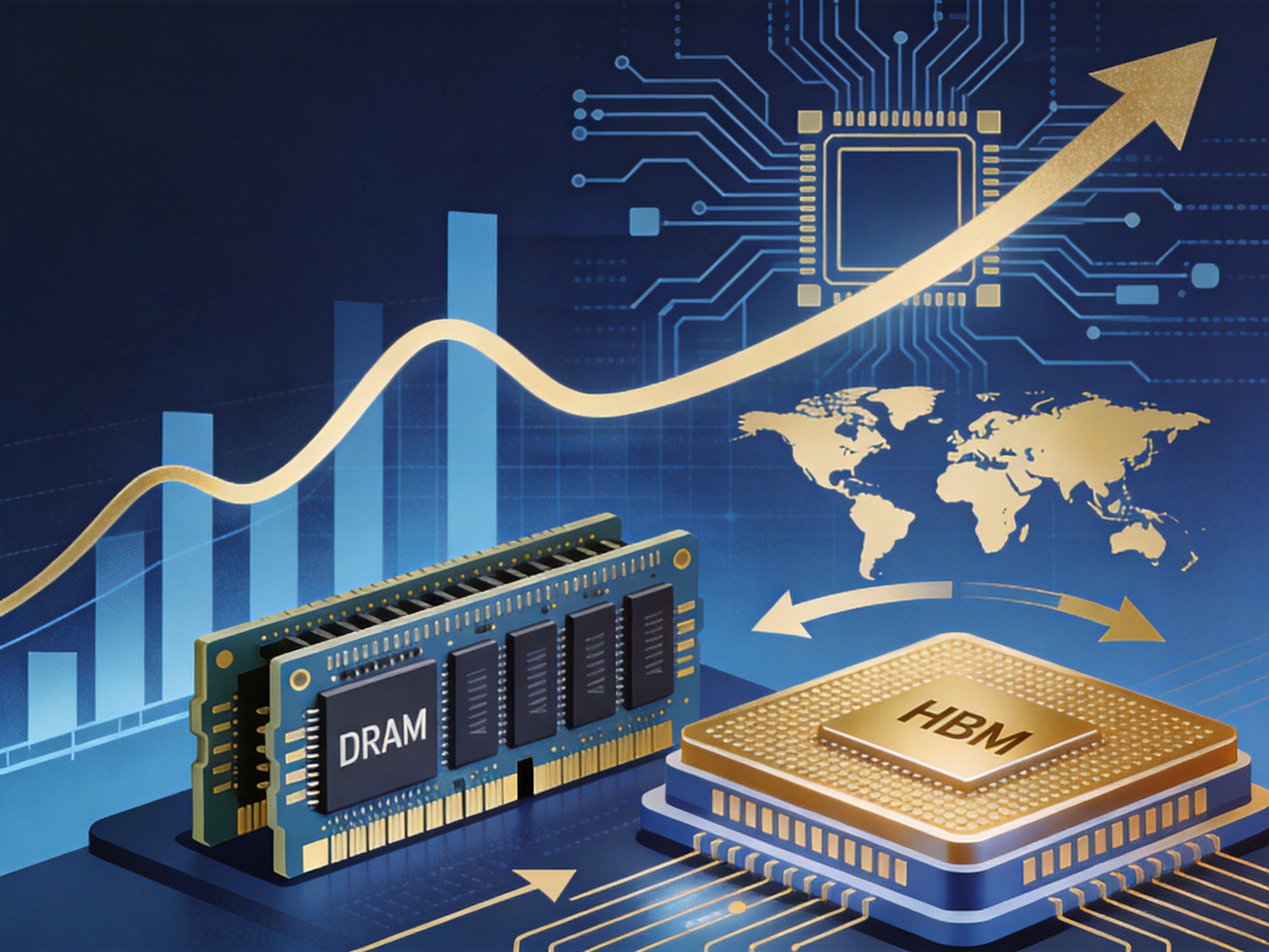 Semiconductor market trend visualization with DRAM and HBM modules and rising price indicators