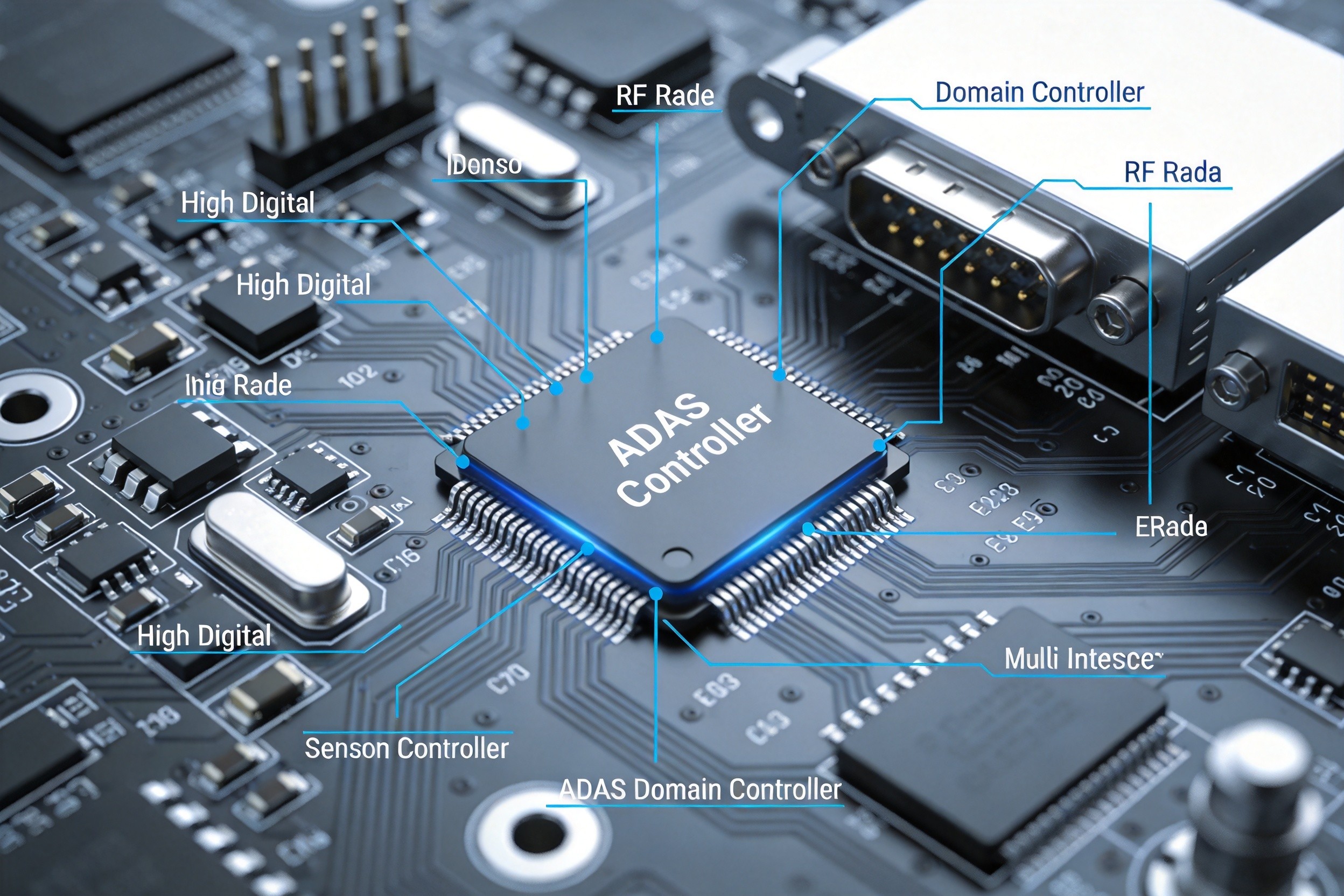 ADAS domain controller PCB with multi-sensor fusion architecture and RF radar interfaces