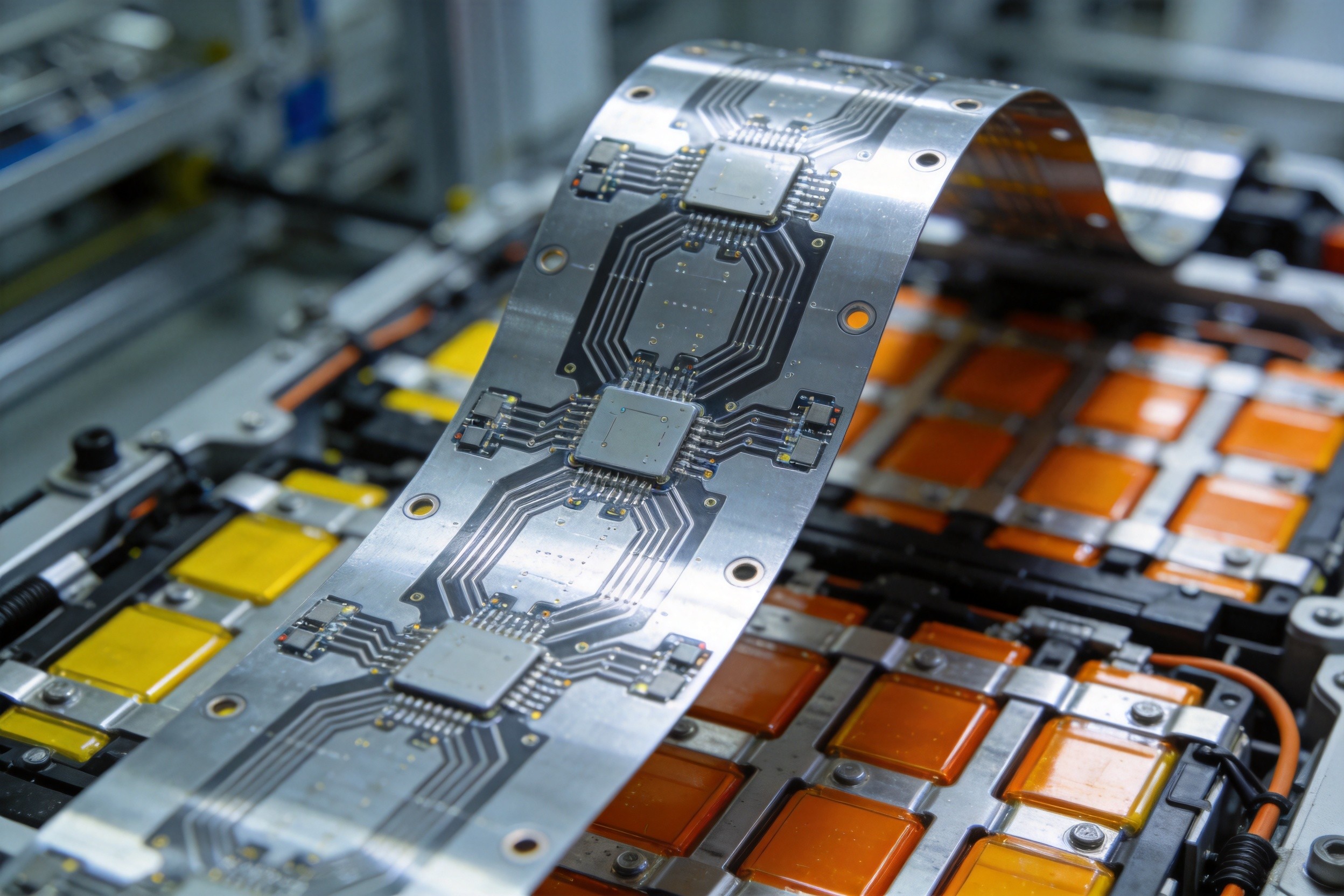 EV battery management system flex PCB with cell monitoring circuits