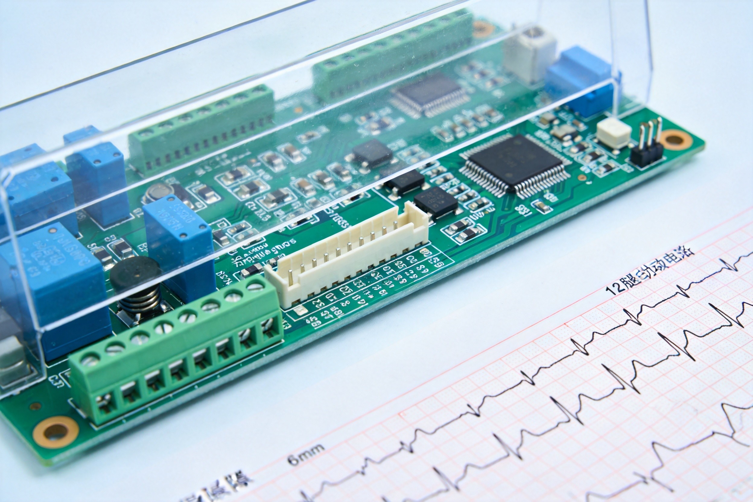 12-lead ECG PCB with isolation barrier showing separated analog front-end and digital sections