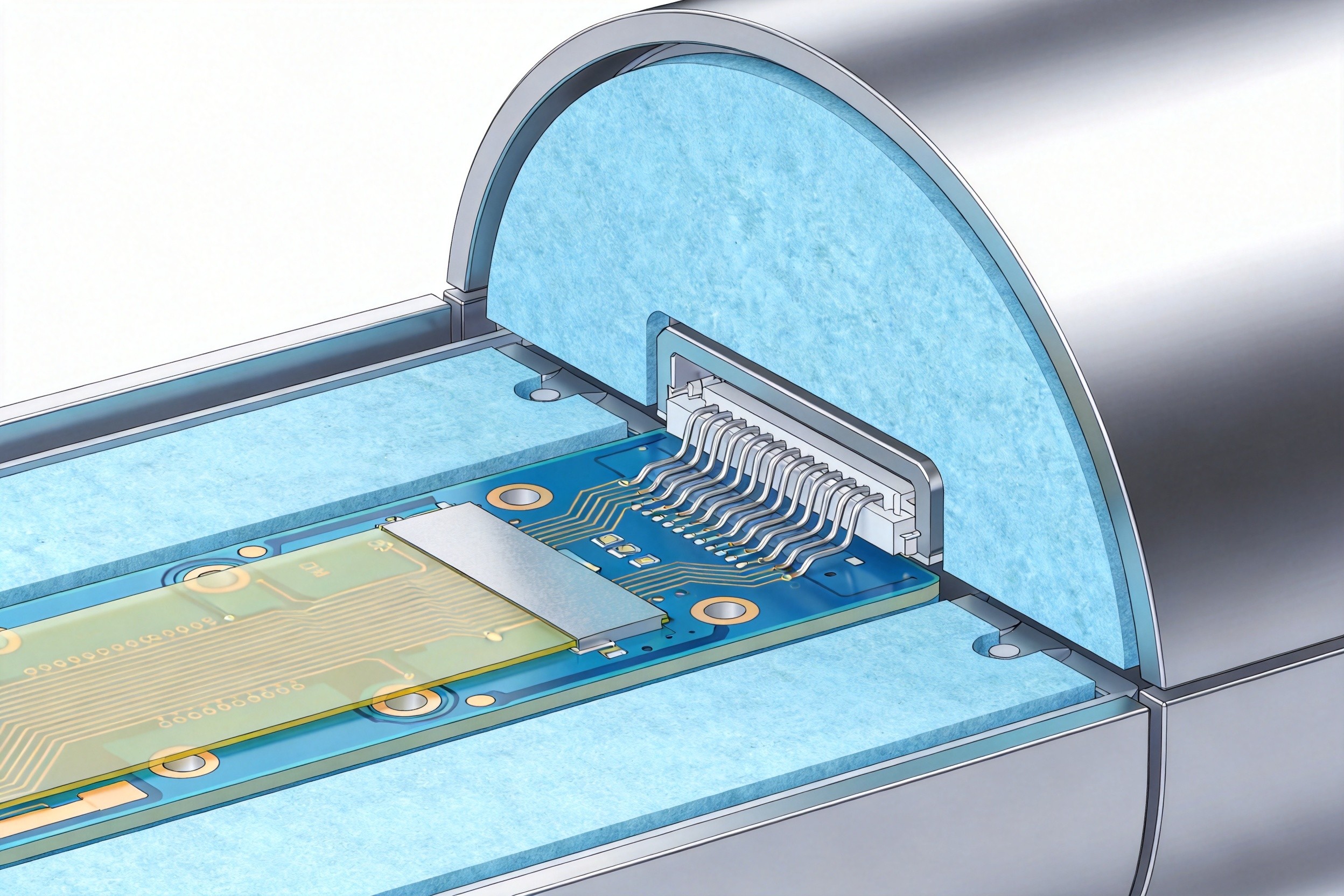 Implantable neurostimulator flex PCB in titanium enclosure cross-section with hermetic seal