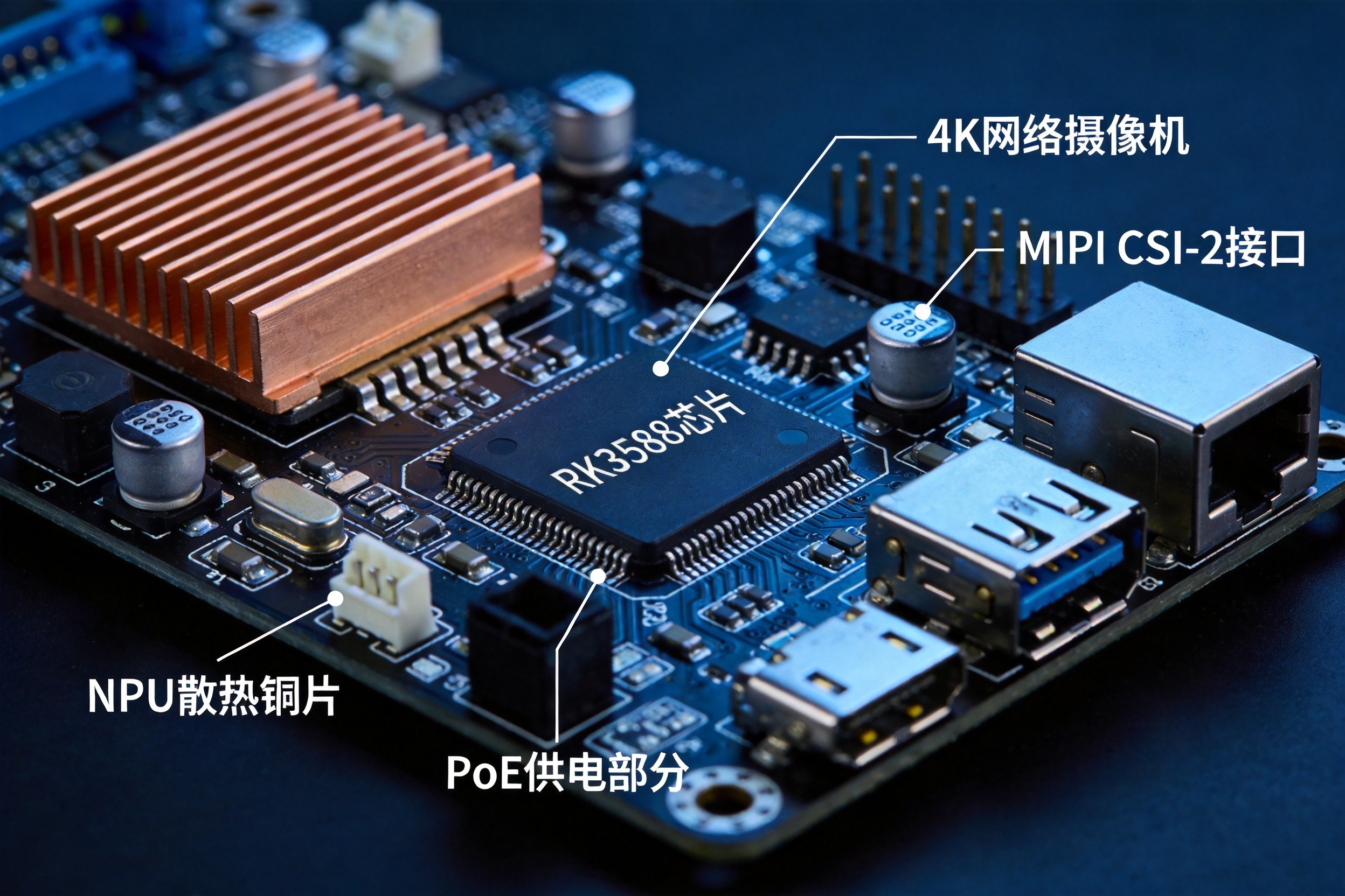 AI-enabled 4K IP camera PCB with NPU SoC, copper coin thermal management, and PoE section