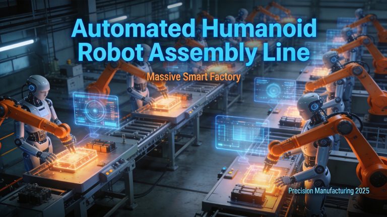 Futuristic humanoid robot assembly line in a massive smart factory
