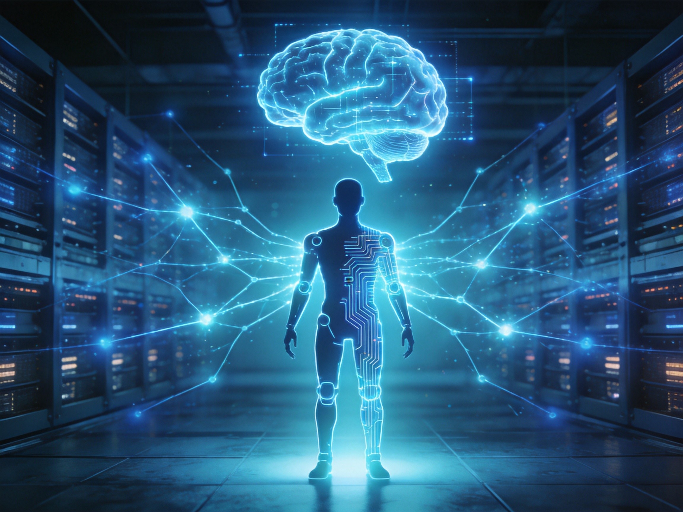 Conceptual illustration of embodied intelligence and AI computing with humanoid robot and neural networks
