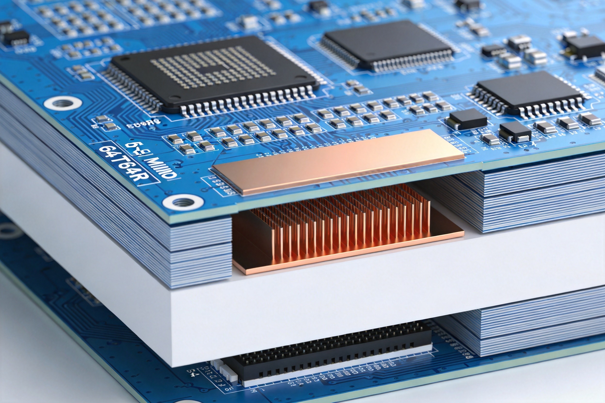 5G massive MIMO base station PCB with 64T64R antenna array and hybrid Rogers/FR-4 stackup